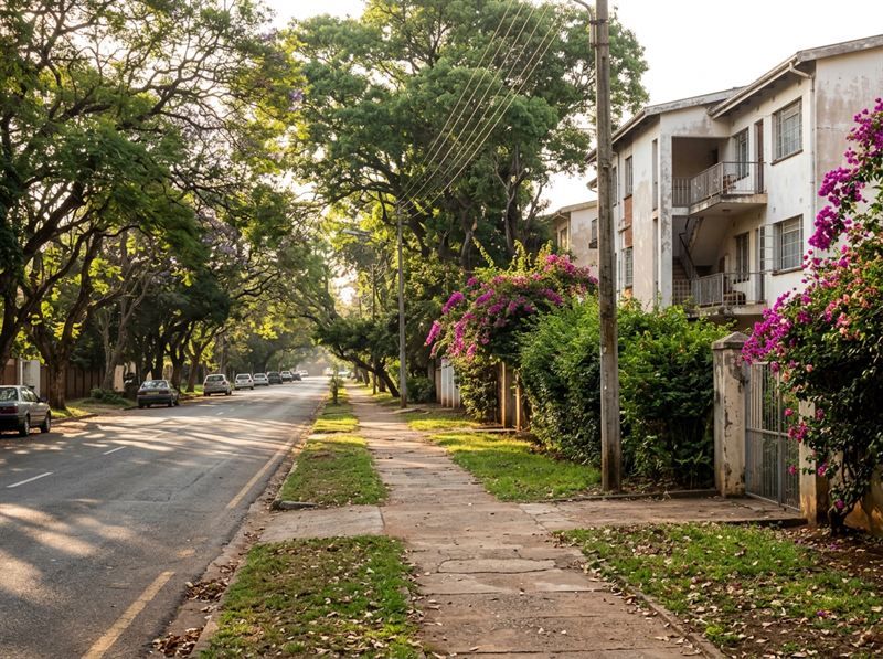 Street with flats and bougainvillea in Avondale