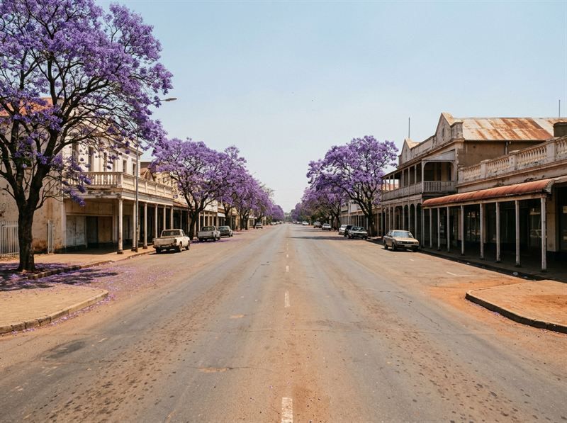 Wide street with jacaranda trees and old shopfronts in Bulawayo