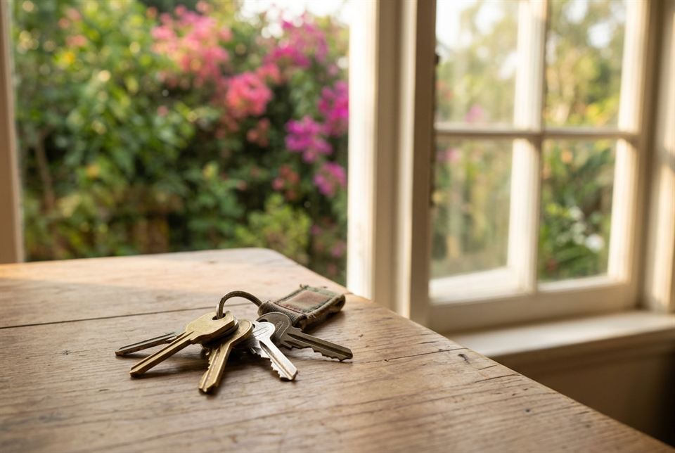 House keys on a wooden table by a window