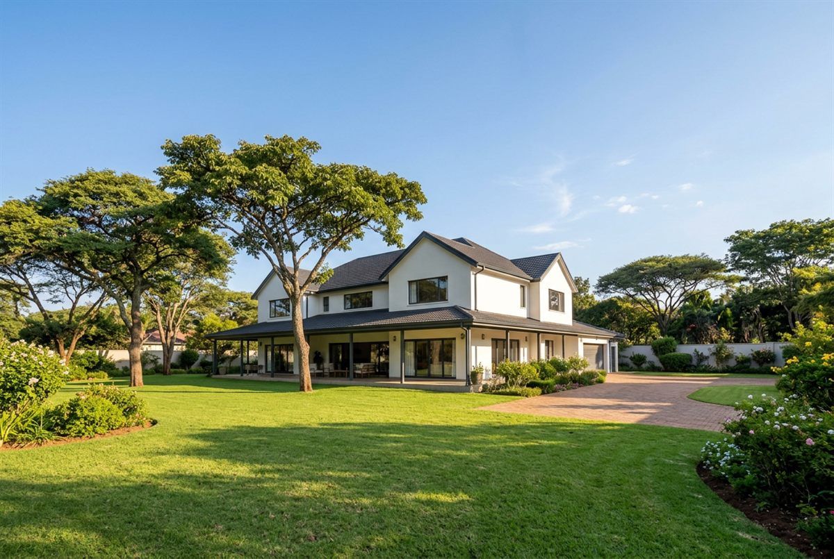 Two-storey white house with a large lawn in Borrowdale