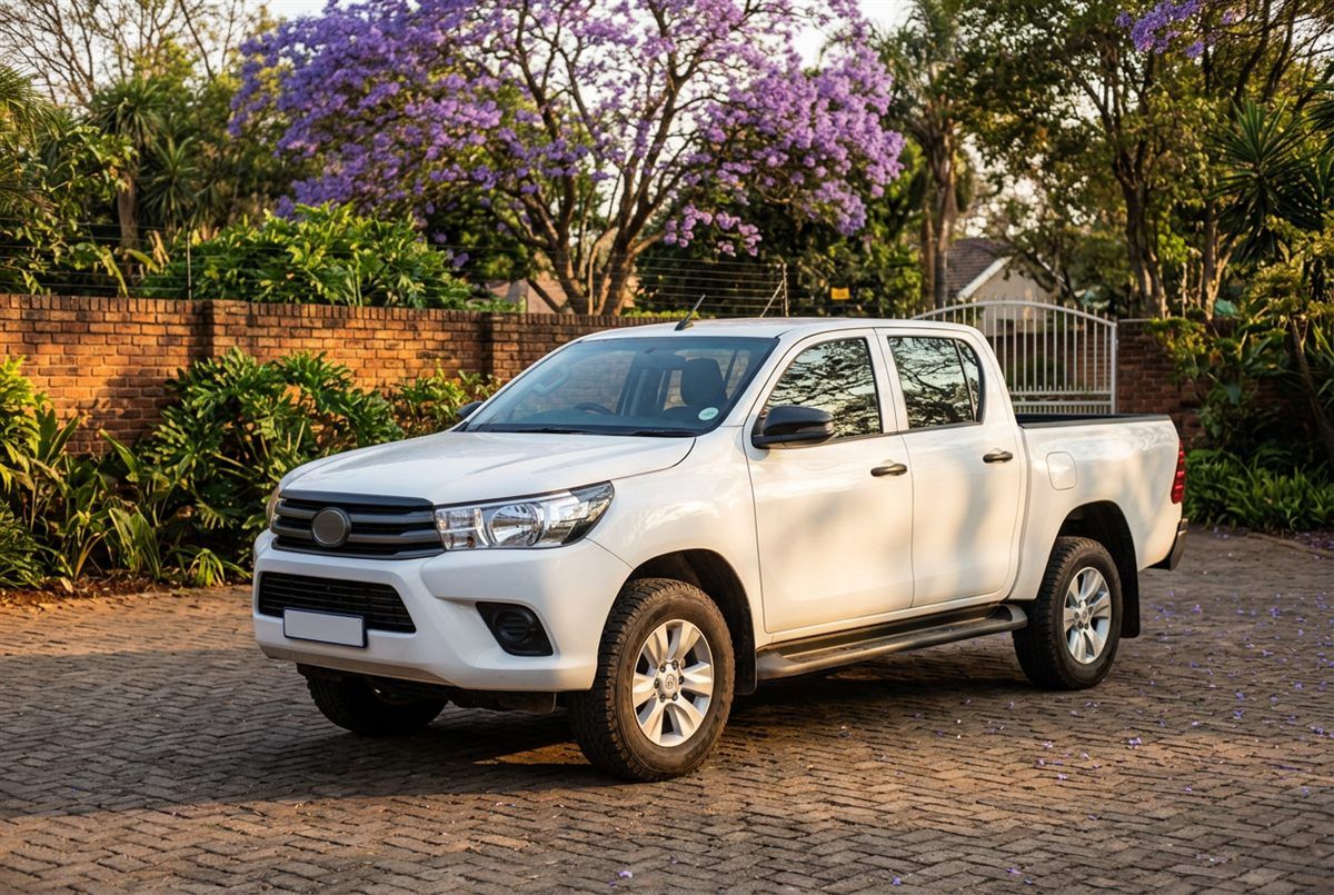 White Toyota Hilux double cab on a brick driveway under jacaranda trees