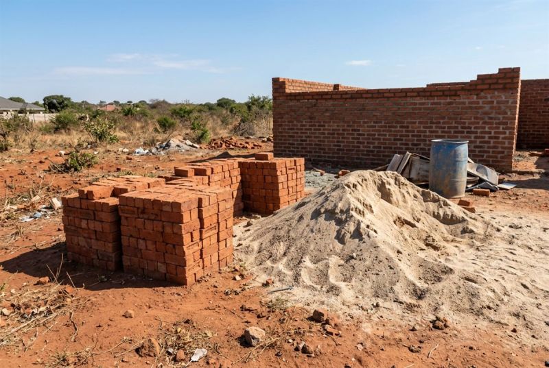 Stacks of red common bricks and river sand on a building stand
