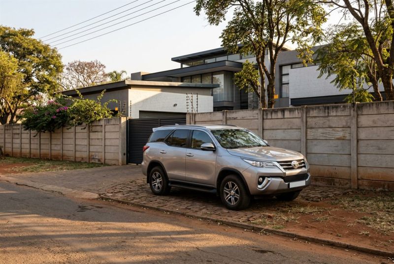 Silver Toyota Fortuner parked outside a modern house