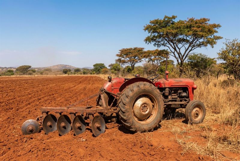 Red tractor with a disc plough on red soil