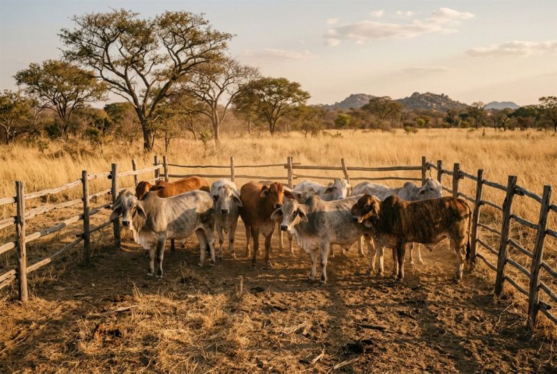 Brahman-cross cattle in a pole-fenced kraal