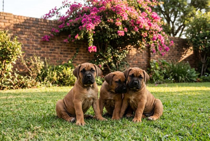 Three fawn boerboel puppies on a lawn