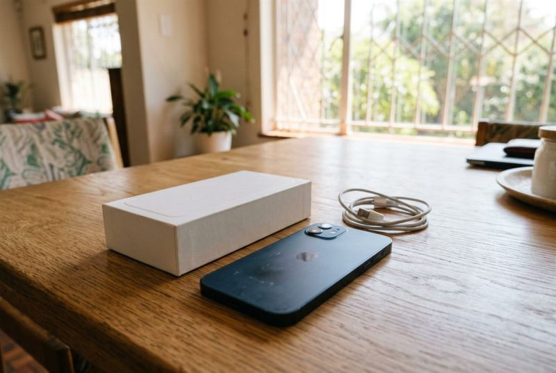 Smartphone on a wooden table beside its box