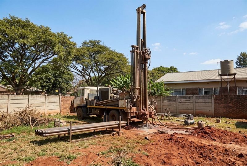 Borehole drilling rig at work behind a house