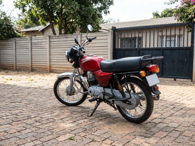 Red 125cc motorbike parked on a brick-paved driveway in front of a gate