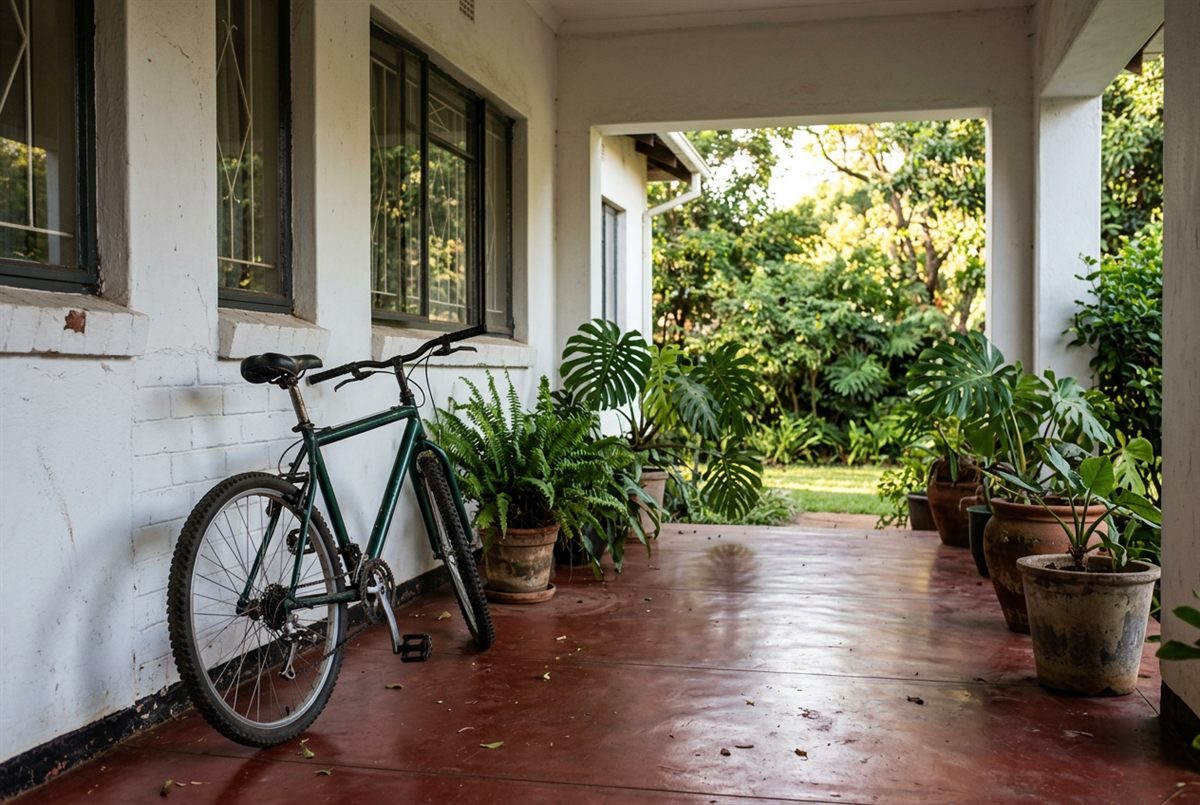 Dark green mountain bike leaning against a white wall on a veranda