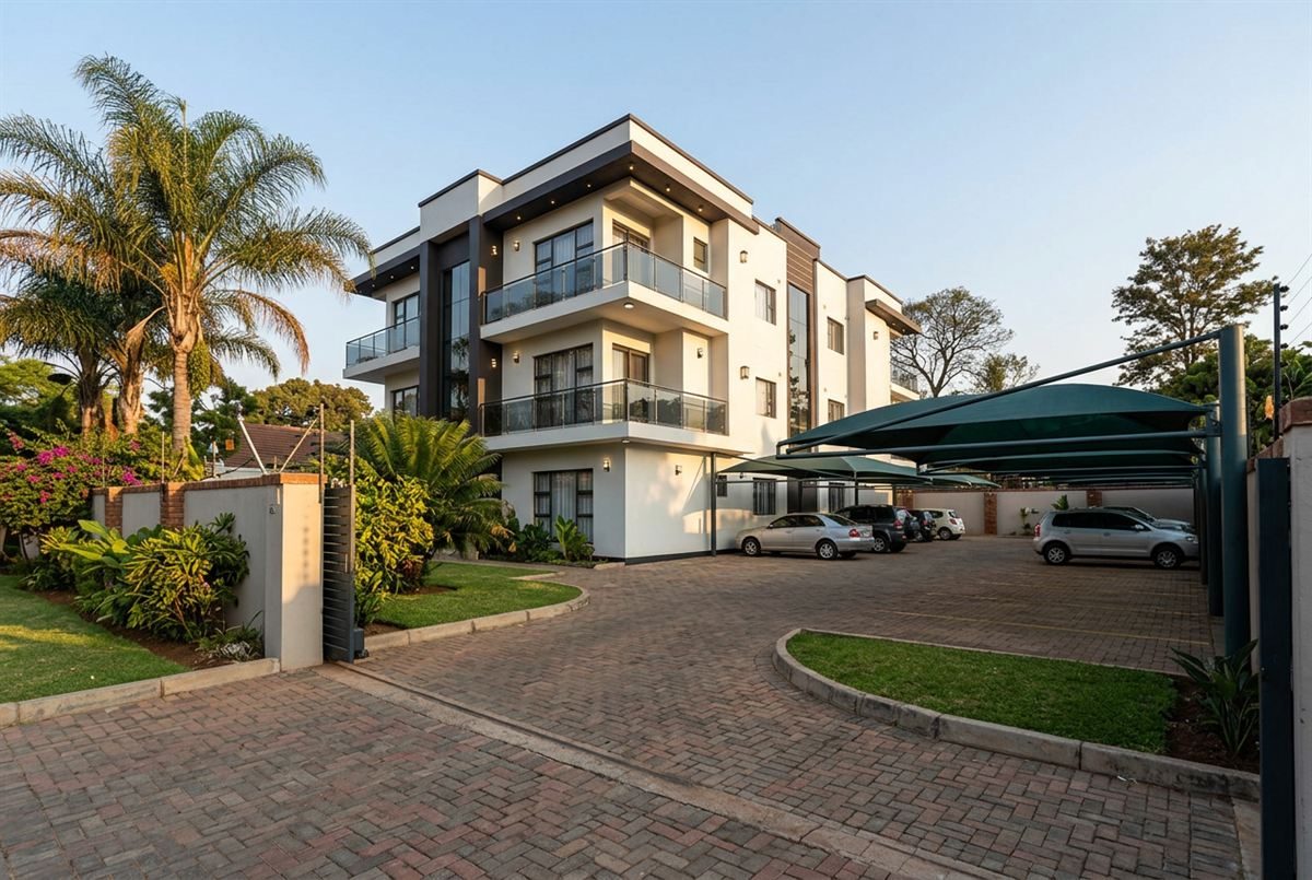 Modern three-storey apartment block with paved parking and palm trees