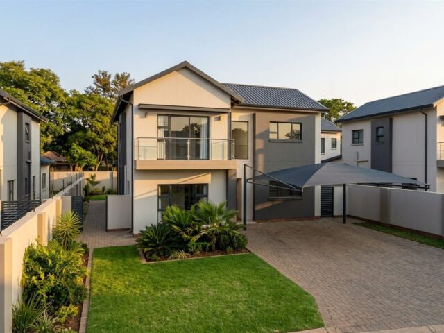 Modern double-storey townhouse with a small lawn and paved driveway