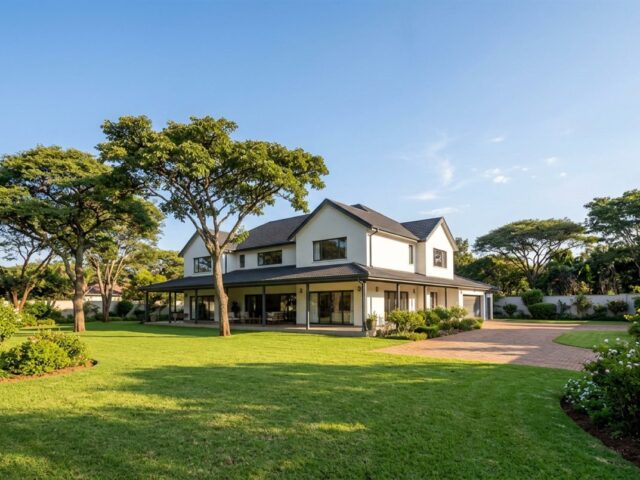 Two-storey white house with a large lawn and msasa trees in Borrowdale