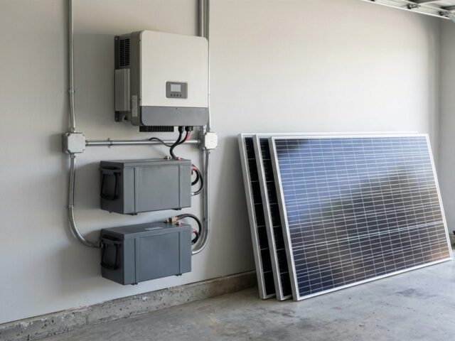 Wall-mounted inverter, two lithium batteries and solar panels in a garage