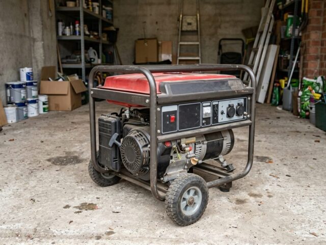 Red and black petrol generator on wheels in a garage