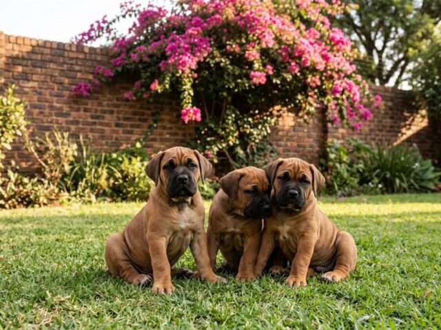 Three fawn boerboel puppies sitting on a lawn in front of a brick wall