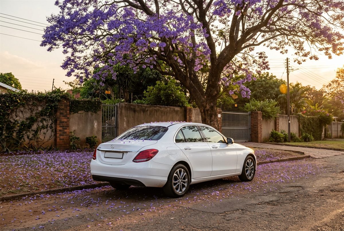 White Mercedes-Benz C-Class saloon parked under a jacaranda tree