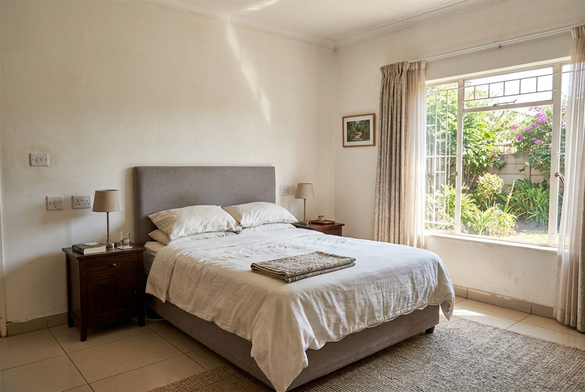 Queen bed with a grey padded headboard and white linen in a bright bedroom