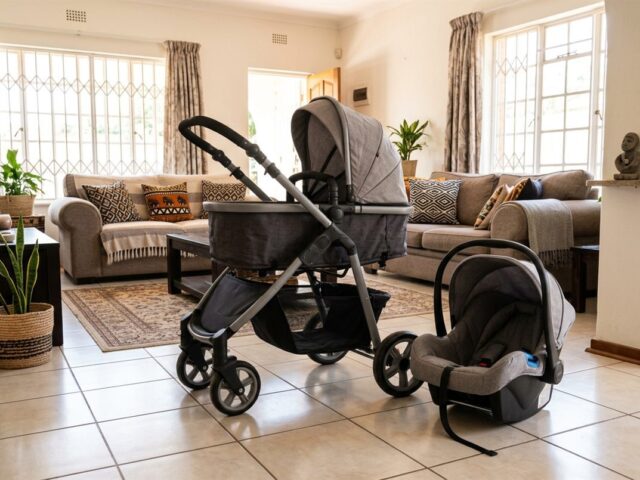 Grey pram with a matching infant car seat in a tiled living room