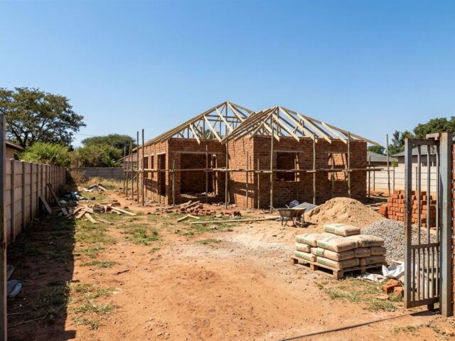 Brick house under construction with roof trusses up on a red-soil stand