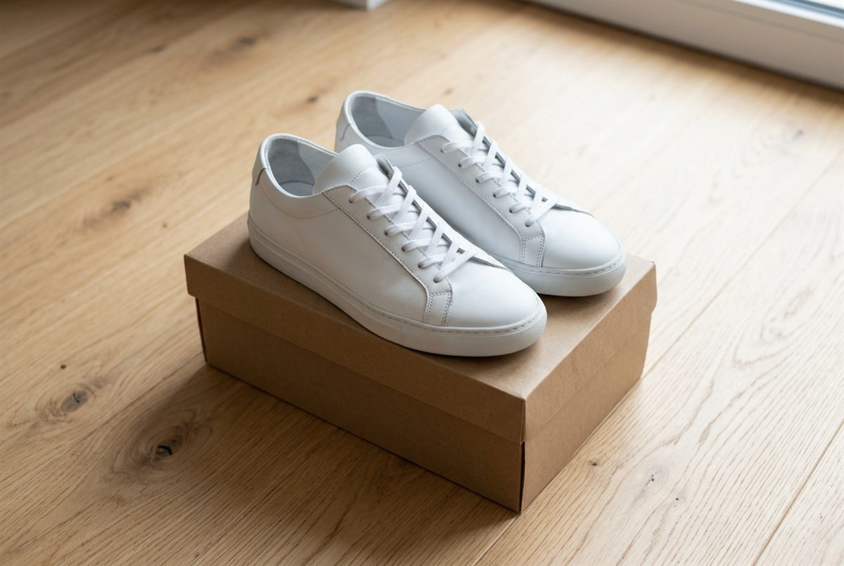 White leather sneakers on top of a cardboard shoebox on a wooden floor